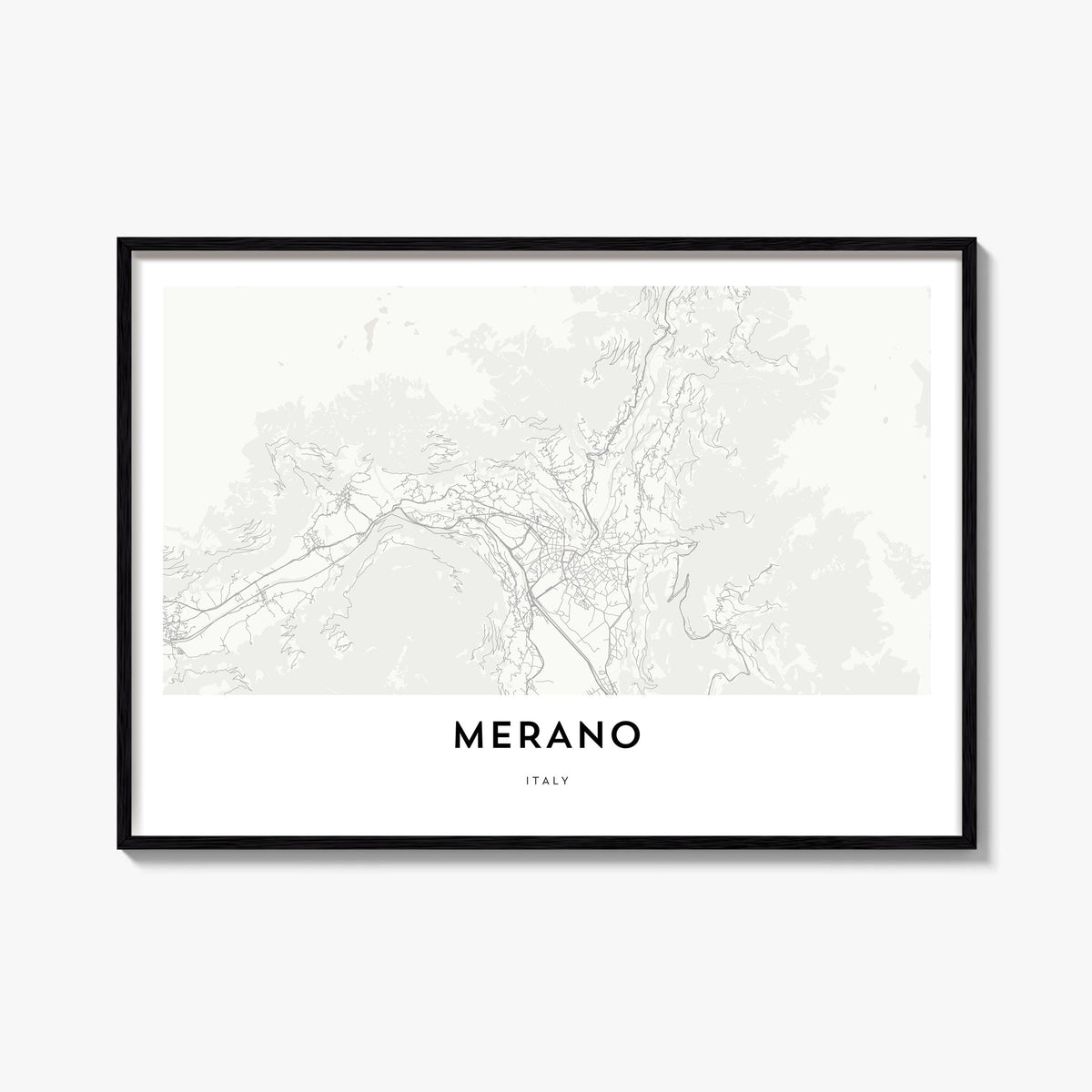 Merano black & white map poster of Italy – horizontal wall art, unframed print shown in interior mockup