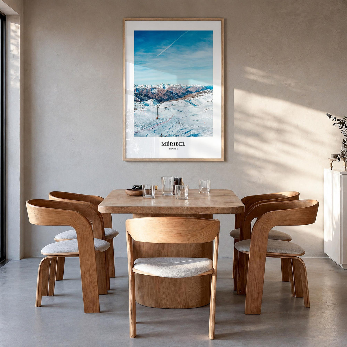Méribel colorful classic poster of France – vertical wall art in natural wood frame, hanging on wall