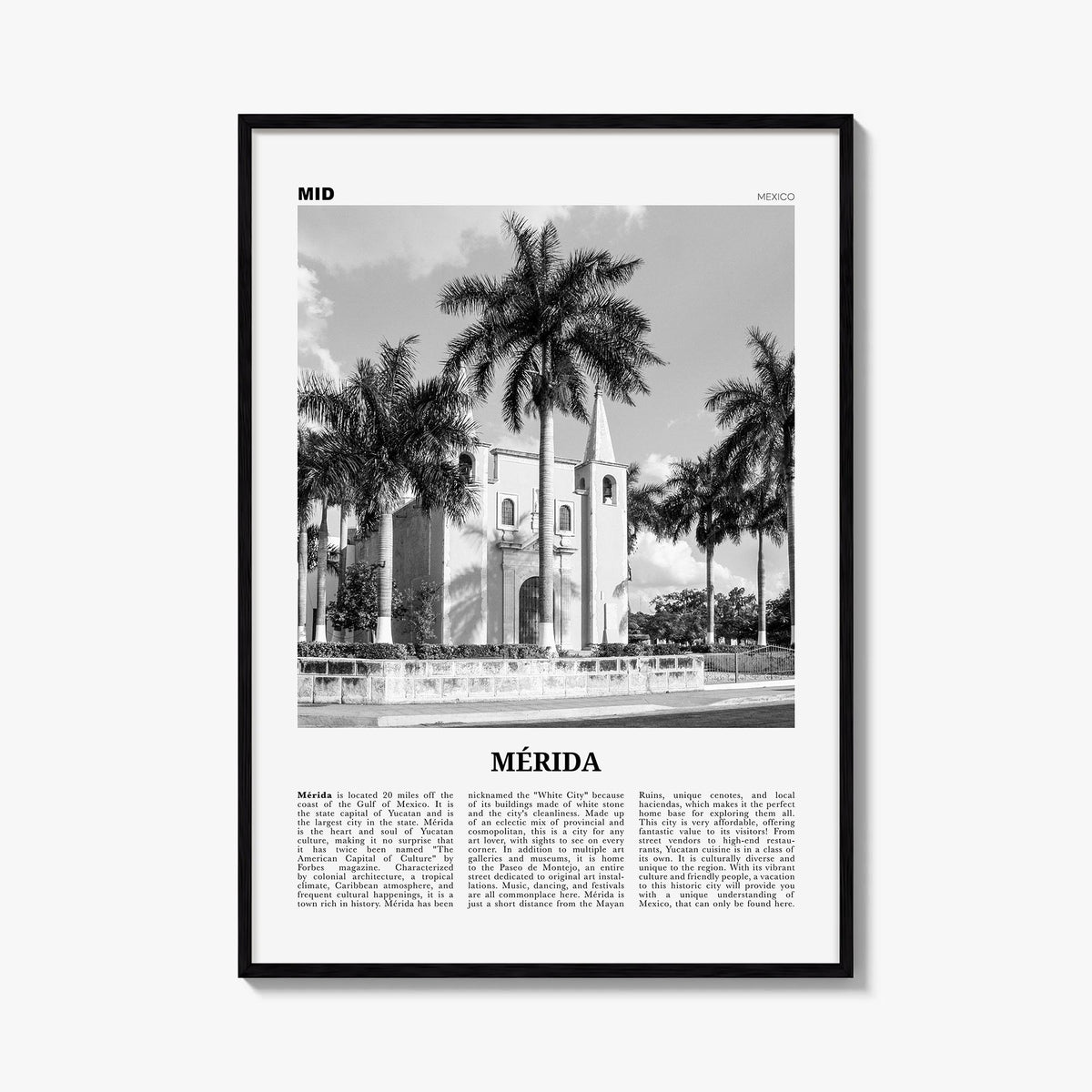 Mérida black & white newspaper poster of Mexico – vertical wall art, unframed print shown in interior mockup