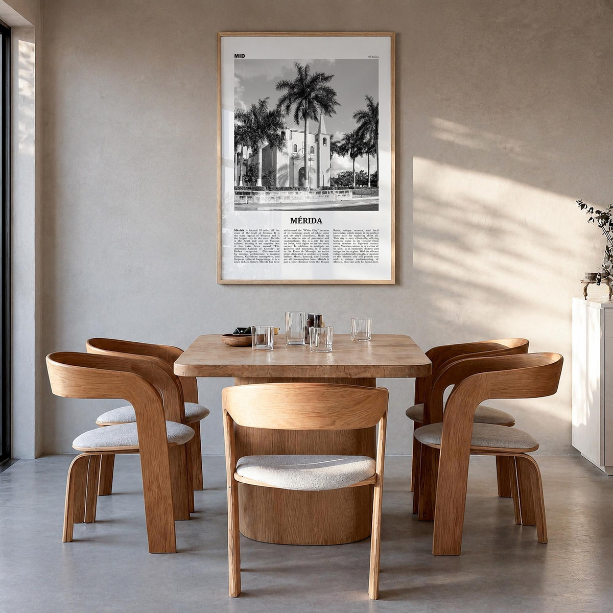 Mérida black & white newspaper poster of Mexico – vertical wall art in natural wood frame, hanging on wall