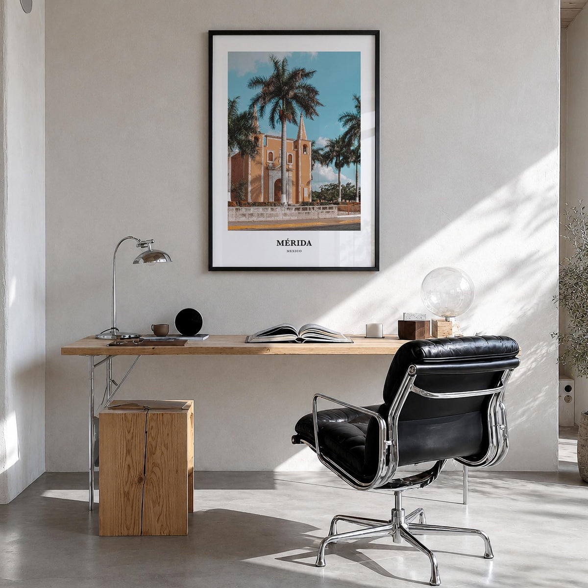 Mérida colorful classic poster of Mexico – vertical wall art in black wood frame, hanging on wall