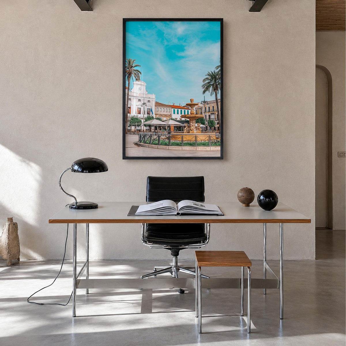 Mérida colorful photo poster of Mexico – vertical wall art in black wood frame, hanging on wall