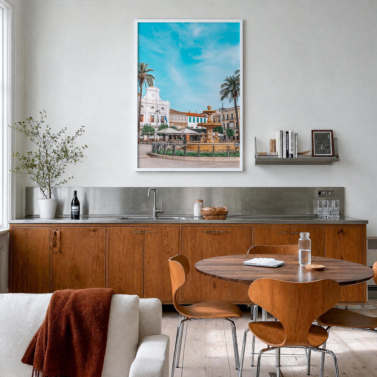 Mérida colorful photo poster of Mexico – vertical wall art in white wood frame, hanging on wall