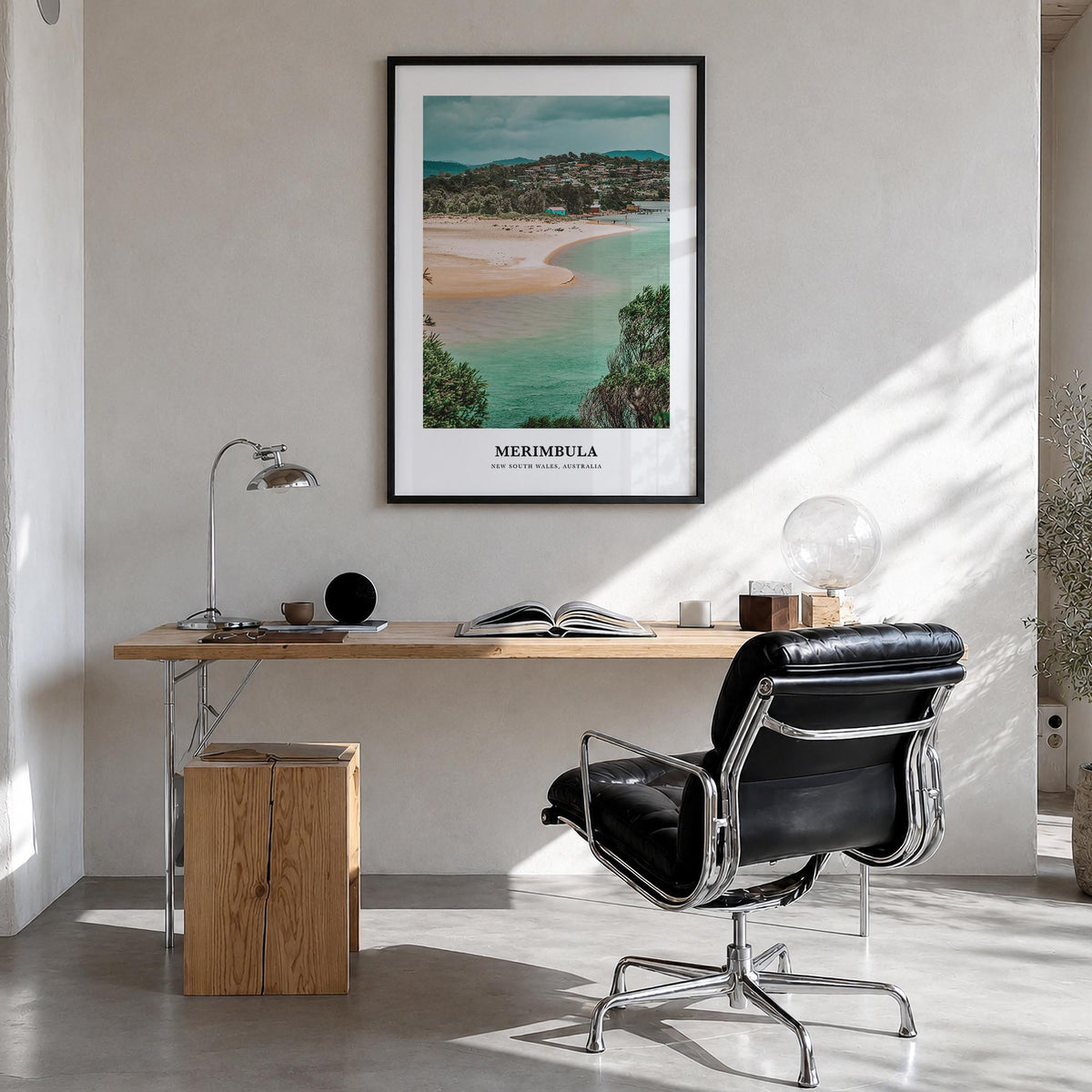 Merimbula colorful classic poster of Australia – vertical wall art in black wood frame, hanging on wall