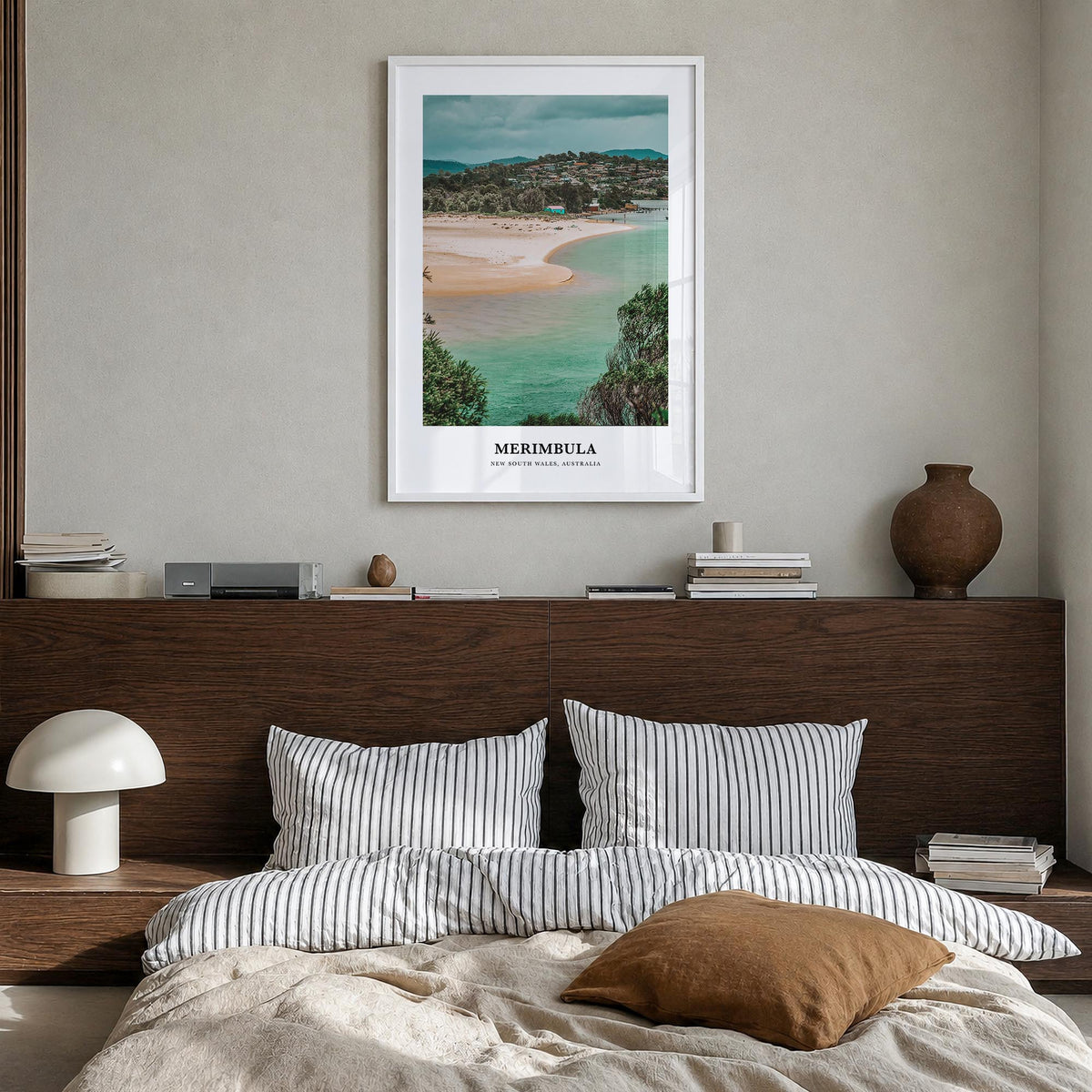Merimbula colorful classic poster of Australia – vertical wall art in white wood frame, hanging on wall