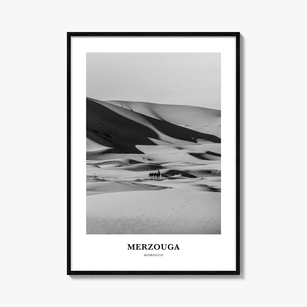 Merzouga black & white classic poster of Morocco – vertical wall art, unframed print shown in interior mockup