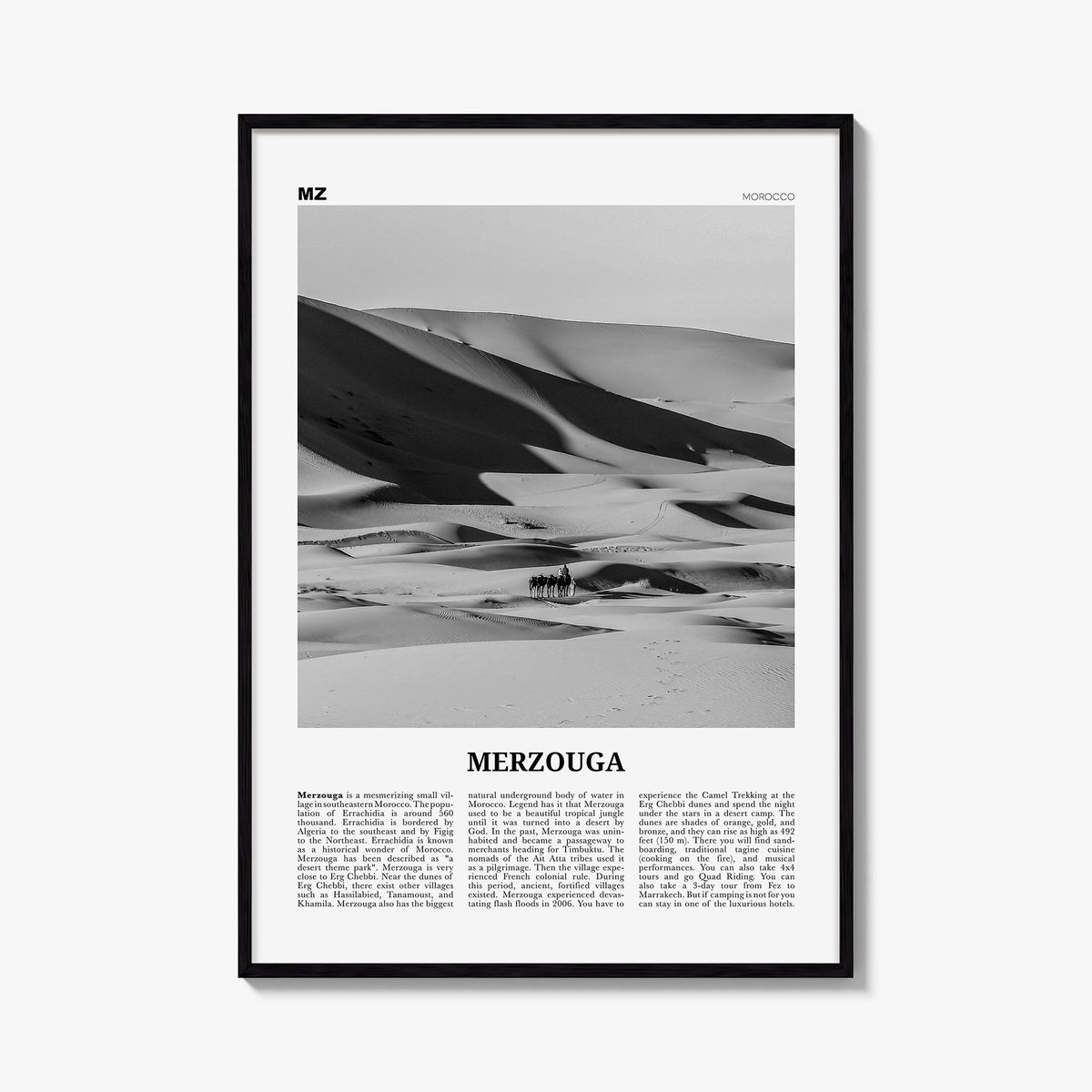 Merzouga black & white newspaper poster of Morocco – vertical wall art, unframed print shown in interior mockup