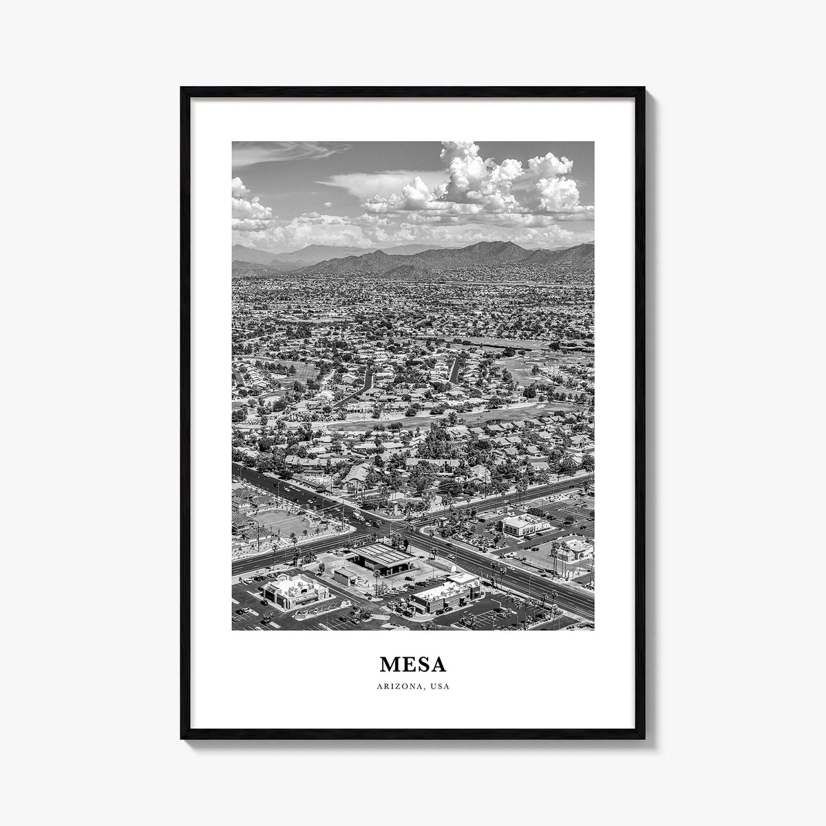 Mesa black & white classic poster of Arizona, USA – vertical wall art, unframed print shown in interior mockup