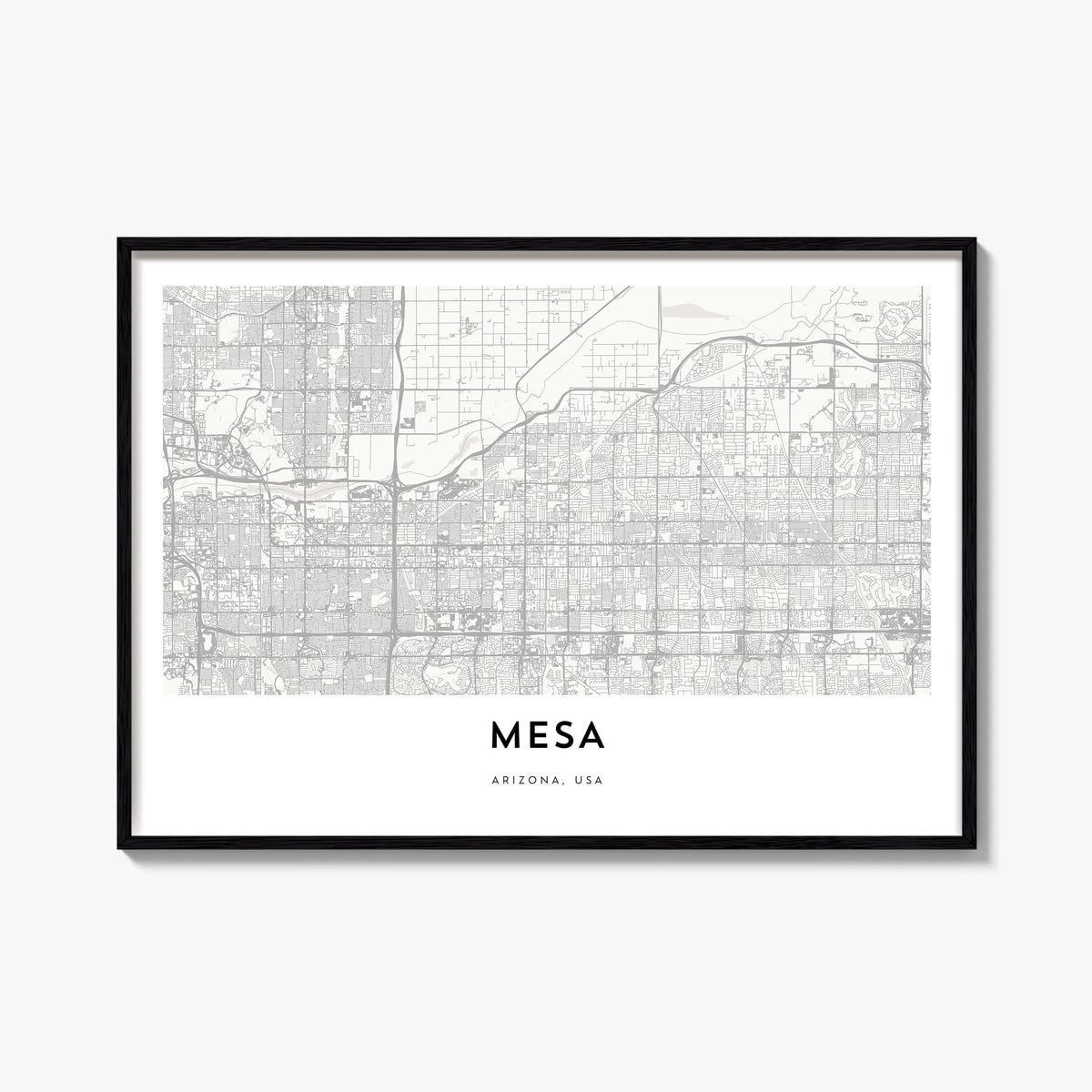 Mesa black & white map poster of Arizona, USA – horizontal wall art, unframed print shown in interior mockup