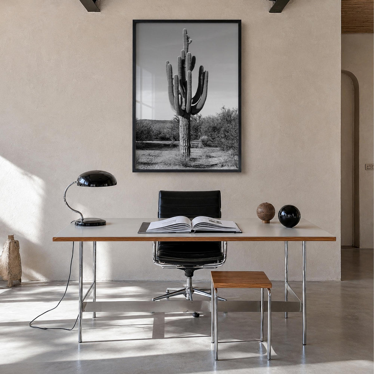 Mesa no. 1 black & white photo poster of Arizona, USA – vertical wall art in black wood frame, hanging on wall