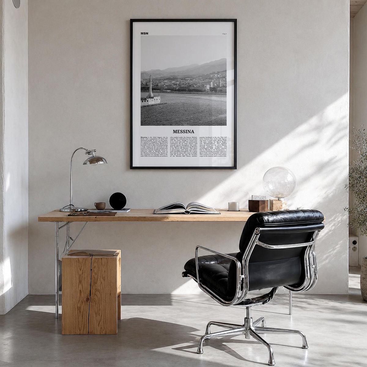 Messina black & white newspaper poster of Italy – vertical wall art in black wood frame, hanging on wall