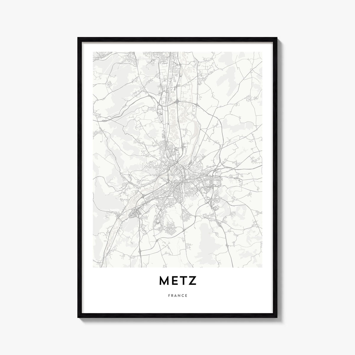 Metz black & white map poster of France – vertical wall art, unframed print shown in interior mockup