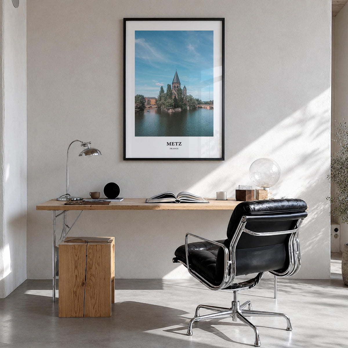 Metz colorful classic poster of France – vertical wall art in black wood frame, hanging on wall