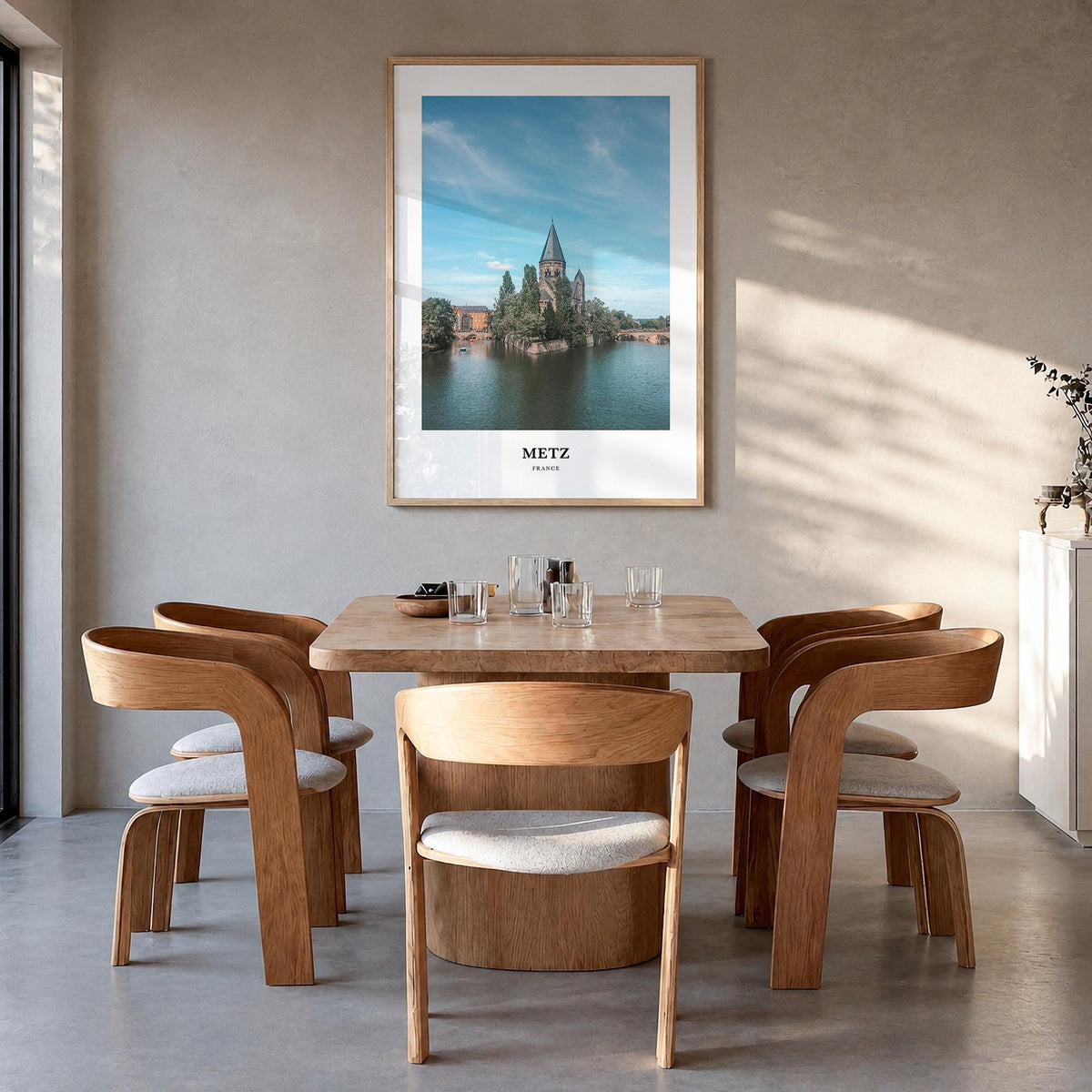 Metz colorful classic poster of France – vertical wall art in natural wood frame, hanging on wall