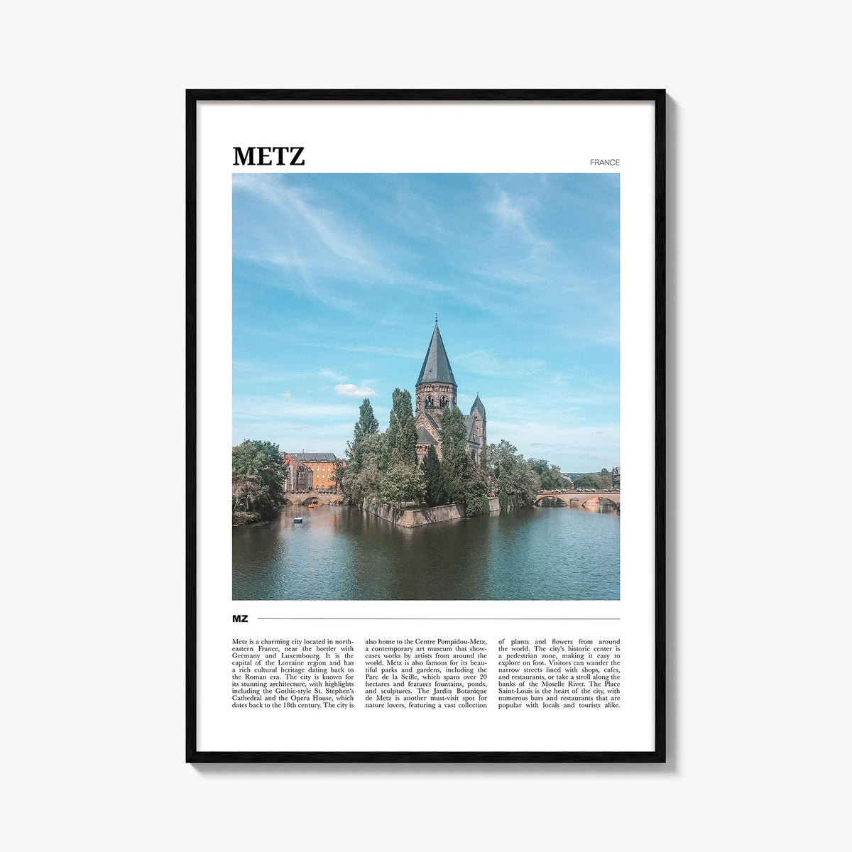 Metz colorful travel poster of France – vertical wall art, unframed print shown in interior mockup
