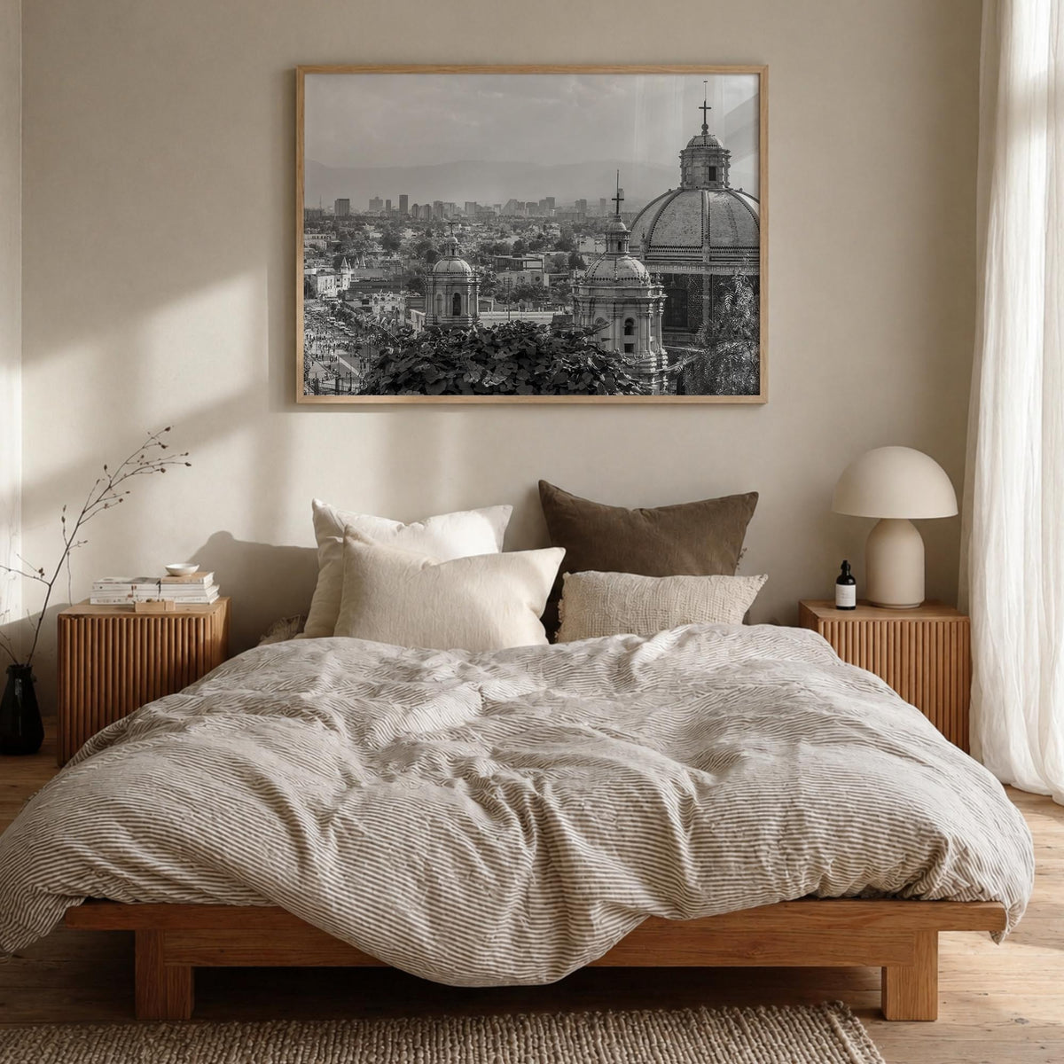 Mexico black & white photo poster of North America – horizontal wall art in natural wood frame, hanging on wall