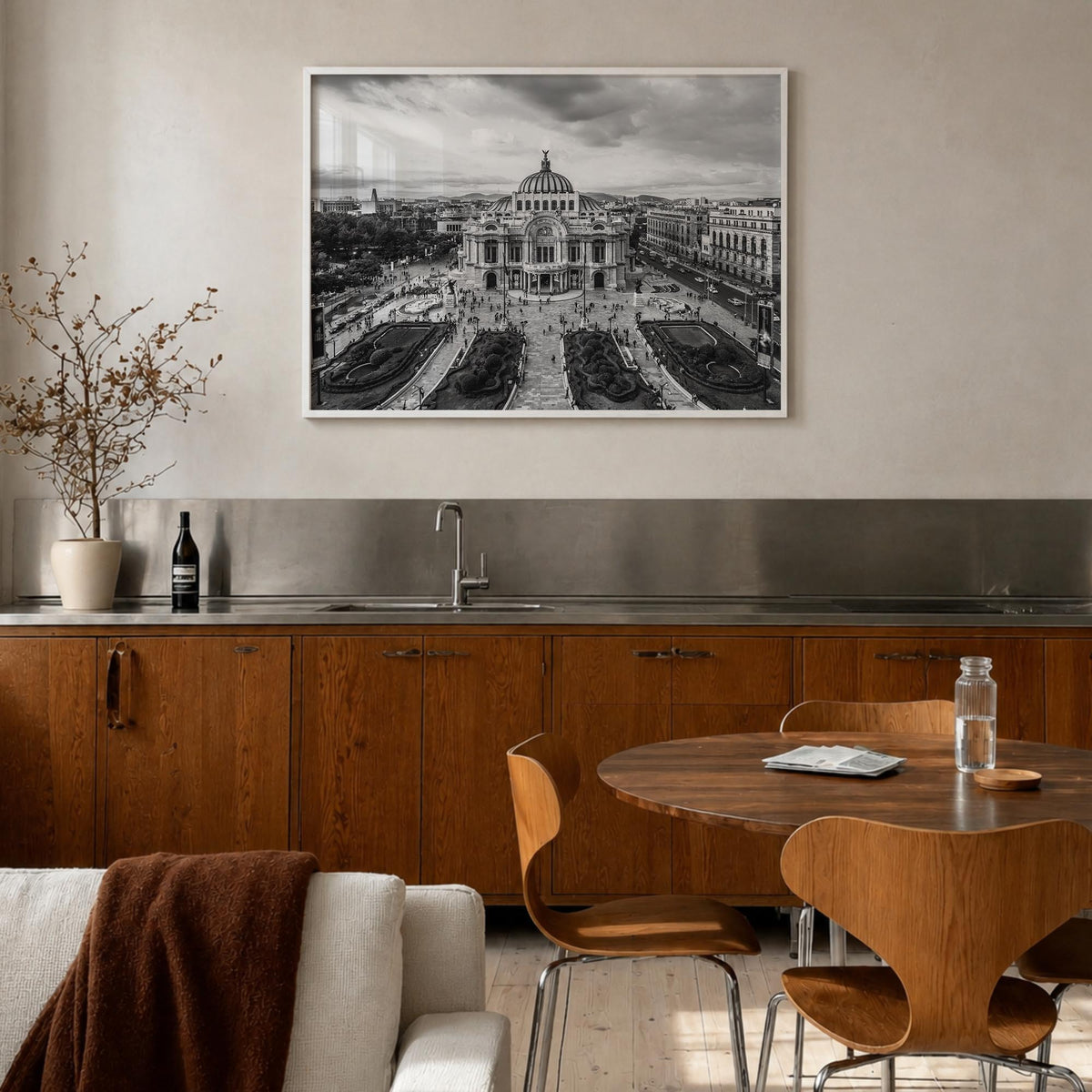 Mexico City black & white photo poster of Mexico – horizontal wall art in white wood frame, hanging on wall