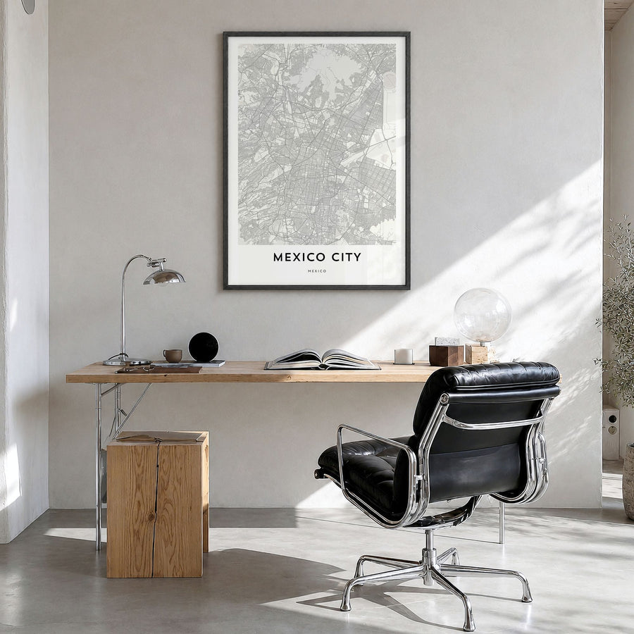 Mexico City Map Poster in a black wood frame, hanging in a bright home office