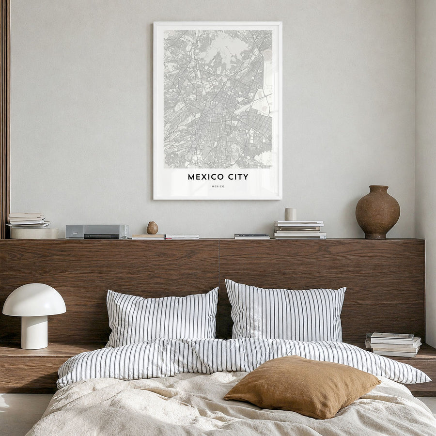 Mexico City Map Poster in a white wood frame, hanging in a bedroom