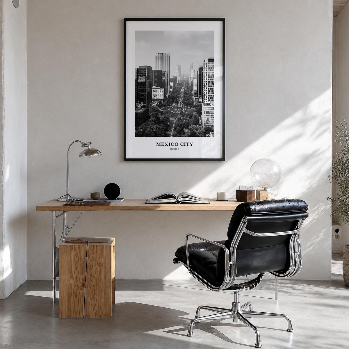 Mexico City no. 1 black & white classic poster of Mexico – vertical wall art in black wood frame, hanging on wall