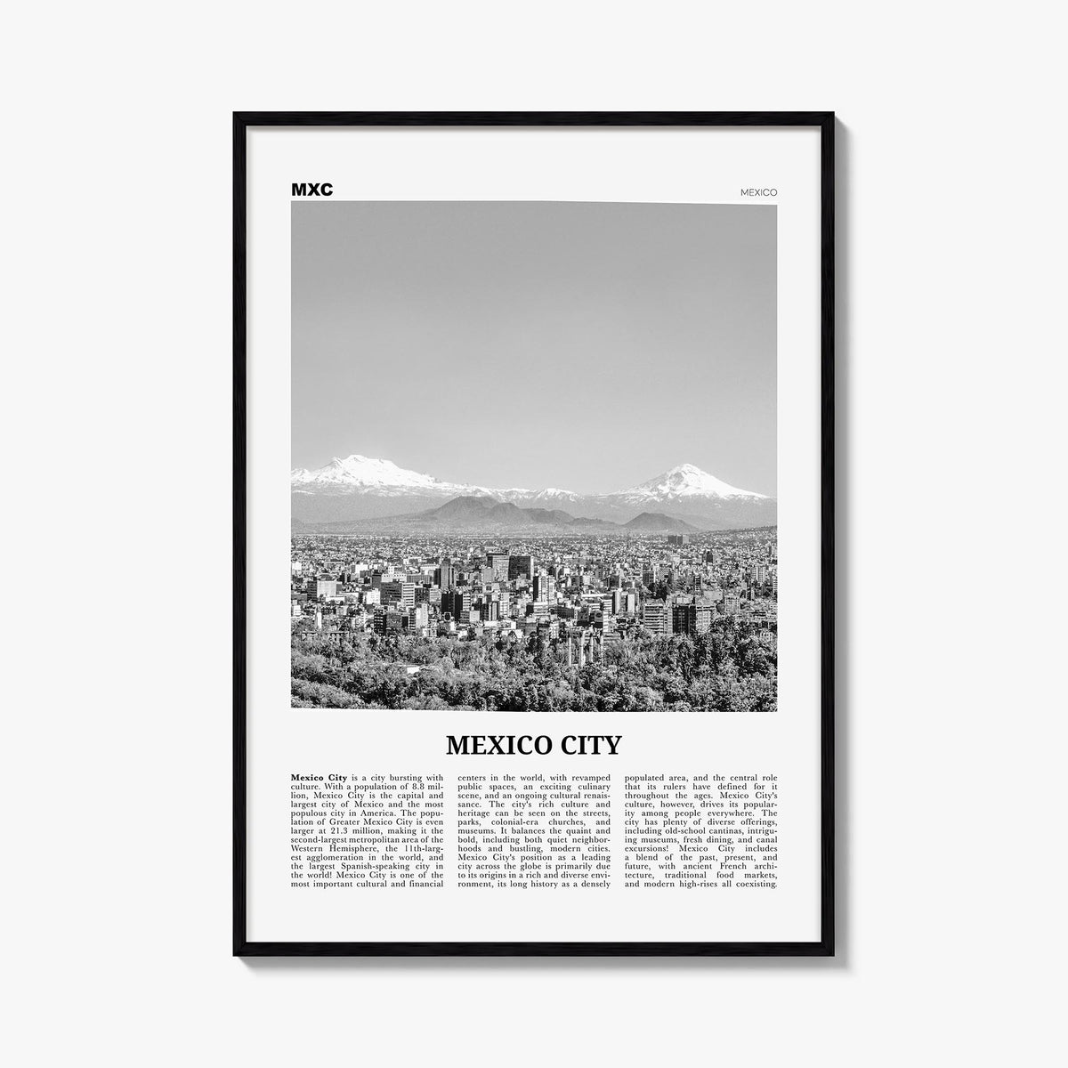 Mexico City no. 2 black & white newspaper poster of Mexico – vertical wall art, unframed print shown in interior mockup