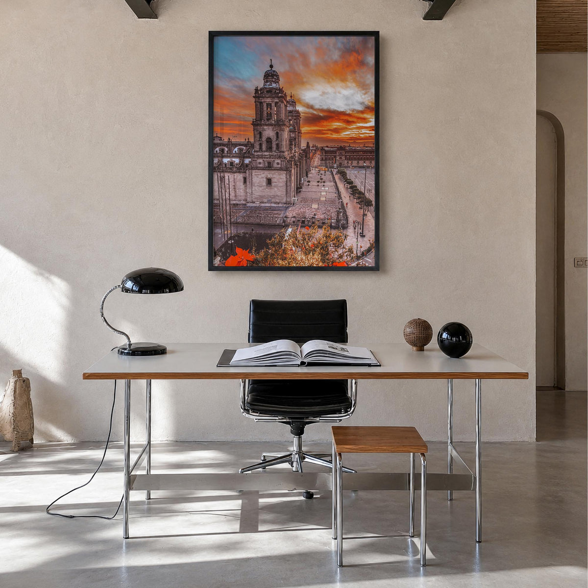 Mexico City no. 2 colorful photo poster of Mexico – vertical wall art in black wood frame, hanging on wall