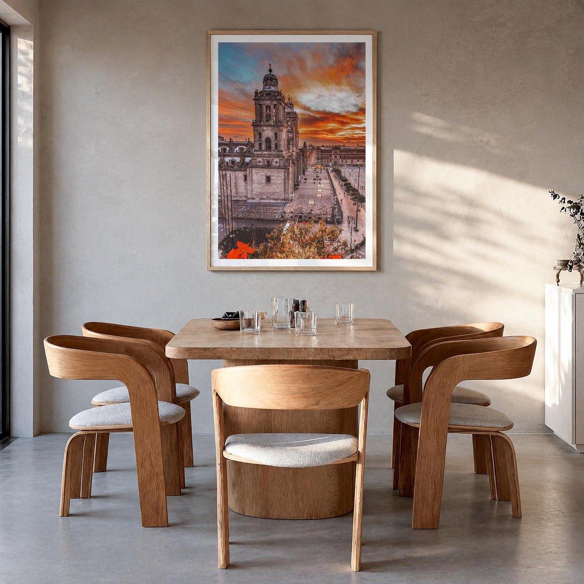Mexico City no. 2 colorful photo poster of Mexico – vertical wall art in natural wood frame with white border, hanging on wal