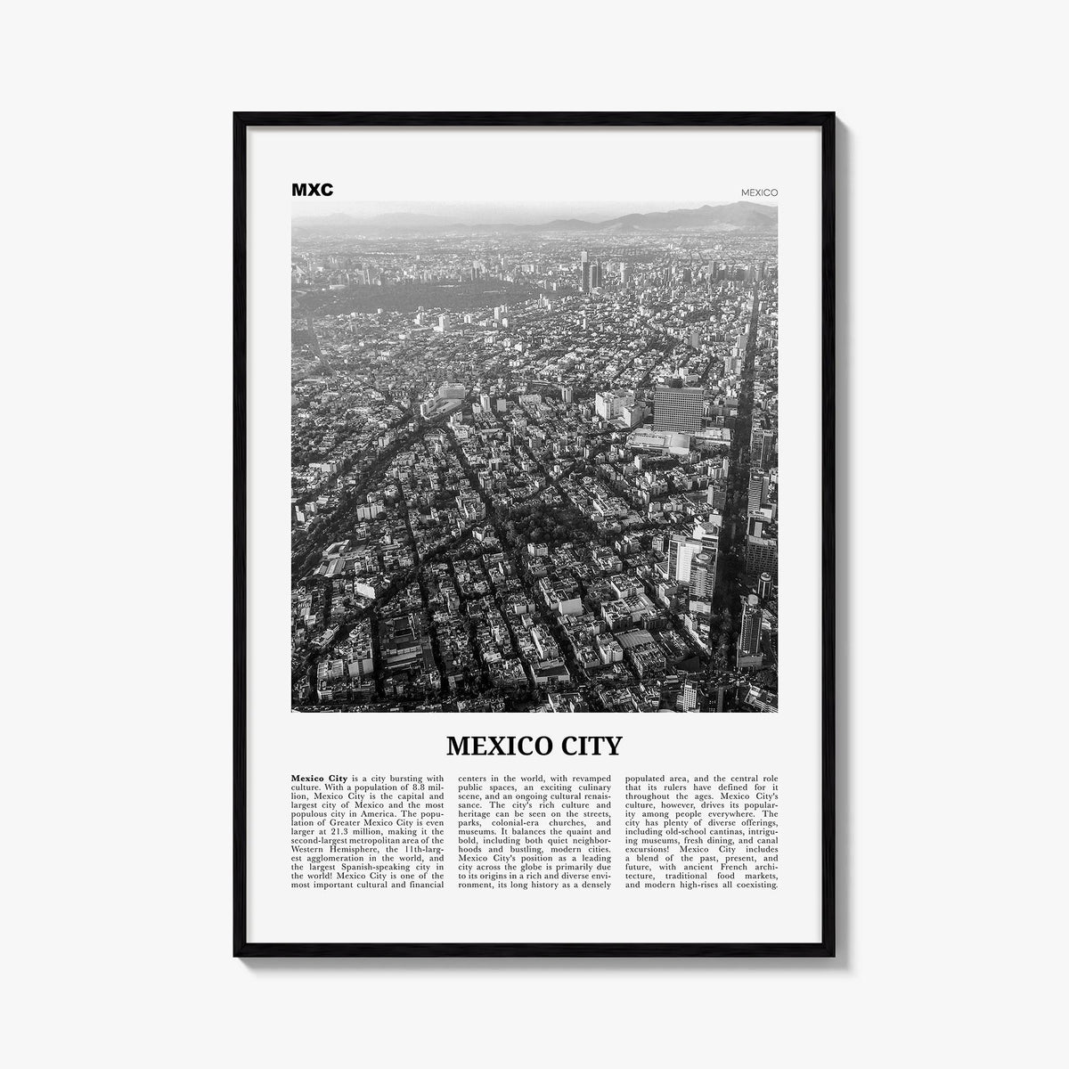 Mexico City no. 3 black & white newspaper poster of Mexico – vertical wall art, unframed print shown in interior mockup