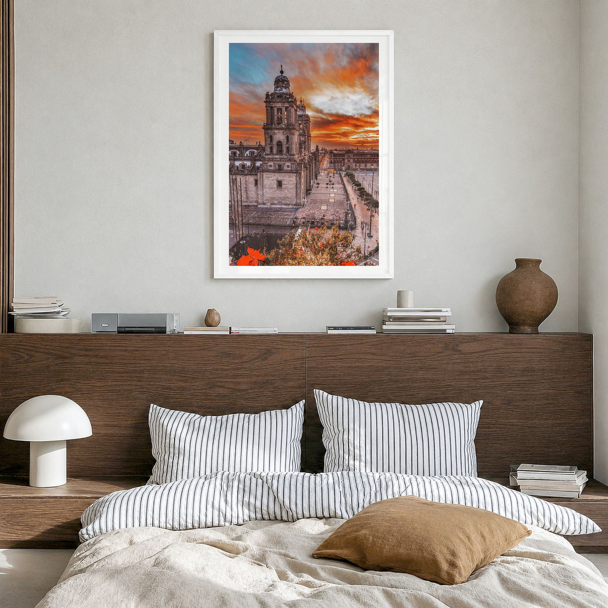 Mexico City Photo No 2 Poster in a white wood frame, hanging in a bedroom, white border