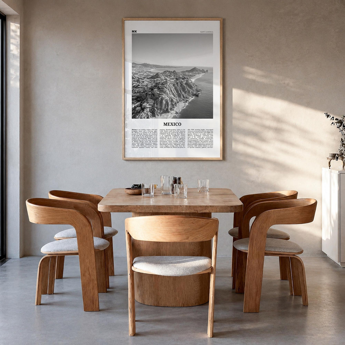 Mexico no. 2 black & white newspaper poster of North America – vertical wall art in natural wood frame, hanging on wall