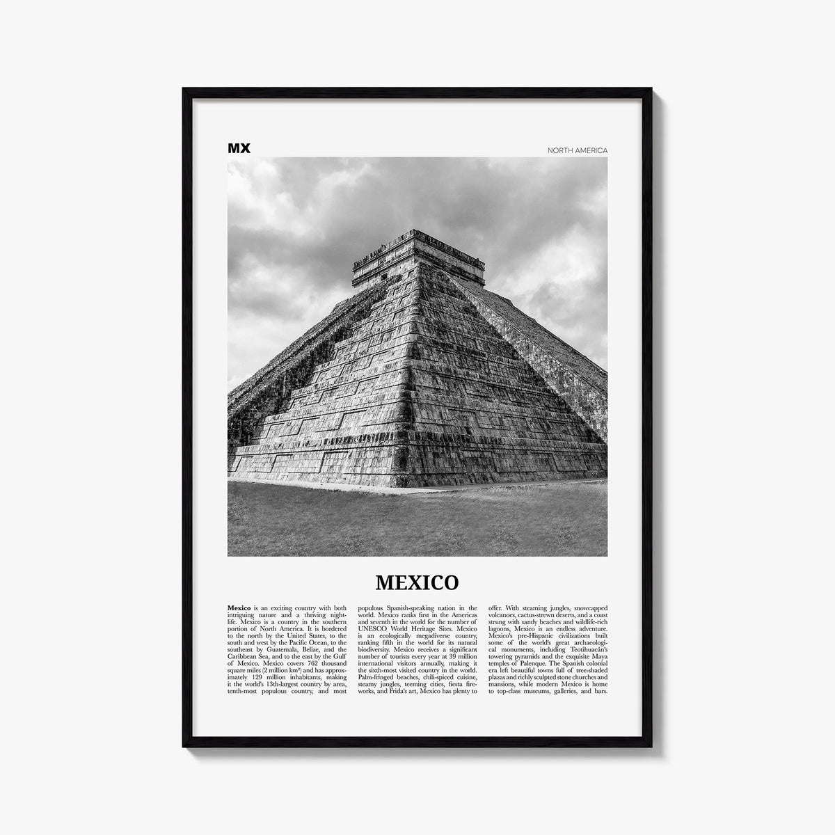 Mexico no. 3 black & white newspaper poster of North America – vertical wall art, unframed print shown in interior mockup