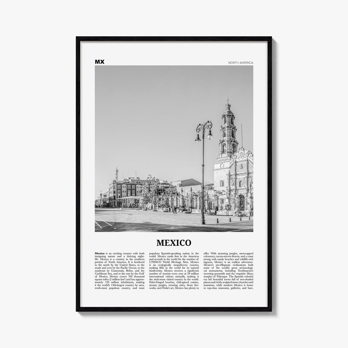 Mexico no. 4 black & white newspaper poster of North America – vertical wall art, unframed print shown in interior mockup