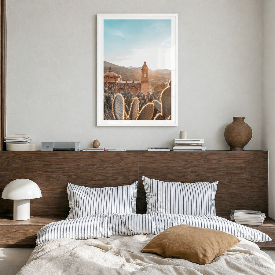 Mexico Photo No 1 Poster in a white wood frame, hanging in a bedroom, white border