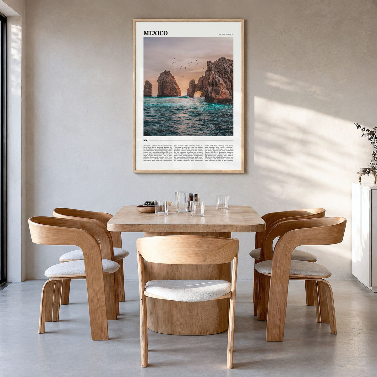 Mexico Travel No 1 Poster in a natural wood frame, hanging in a dining room
