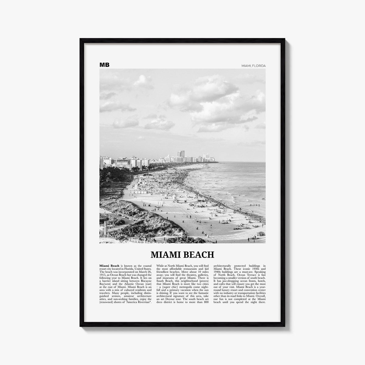 Miami Beach black & white newspaper poster of Florida, USA – vertical wall art, unframed print shown in interior mockup