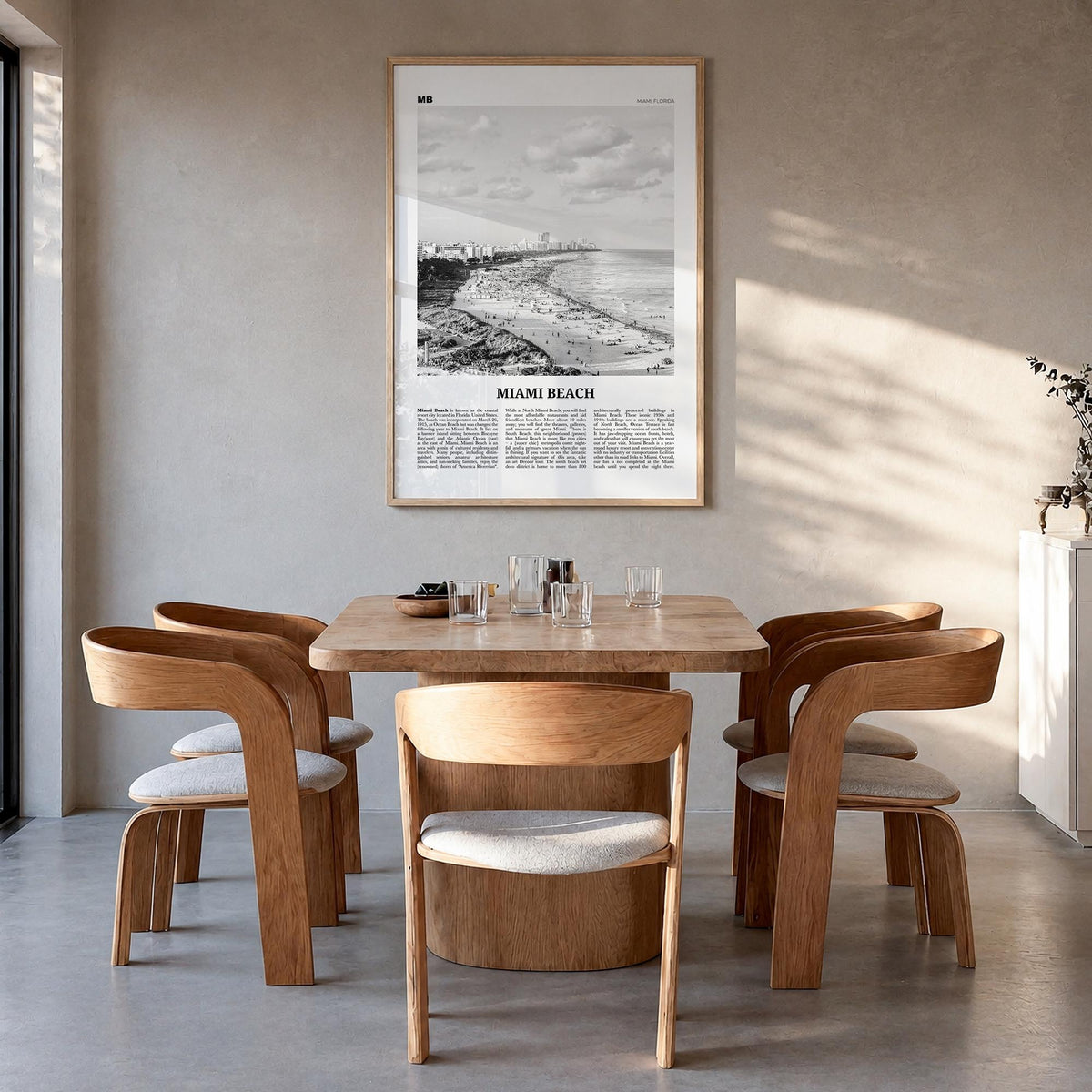 Miami Beach black & white newspaper poster of Florida, USA – vertical wall art in natural wood frame, hanging on wall