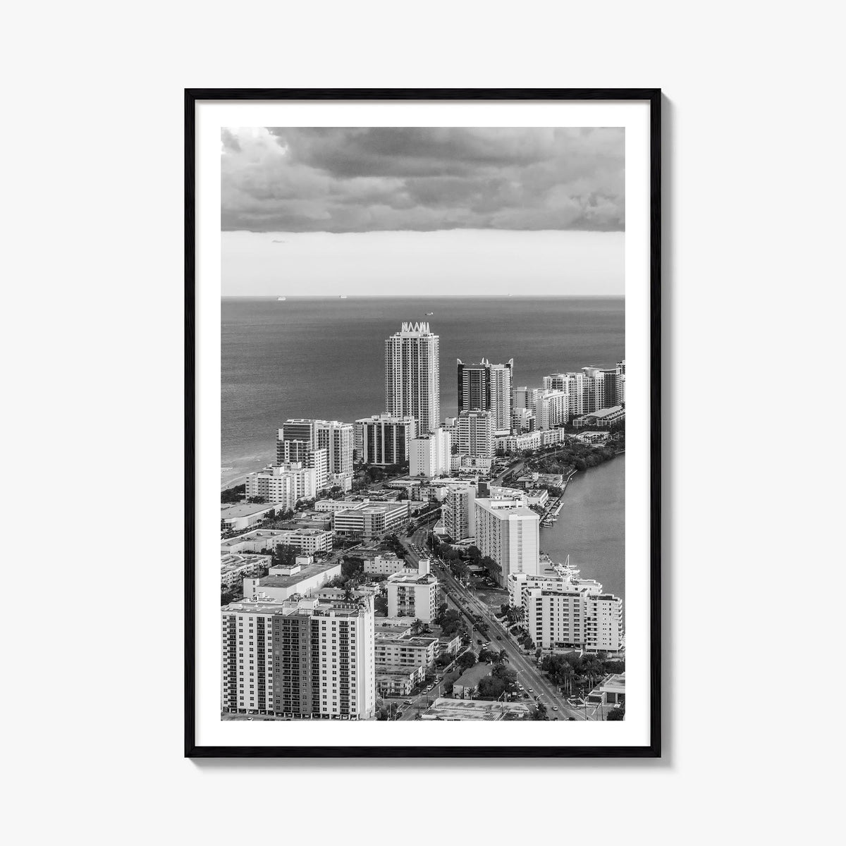 Miami Beach black & white photo poster of Florida, USA – vertical wall art, unframed print shown in interior mockup