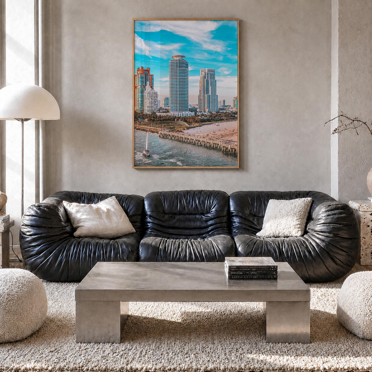 Miami Beach colorful photo poster of Florida, USA – vertical wall art in natural wood frame, hanging on wall