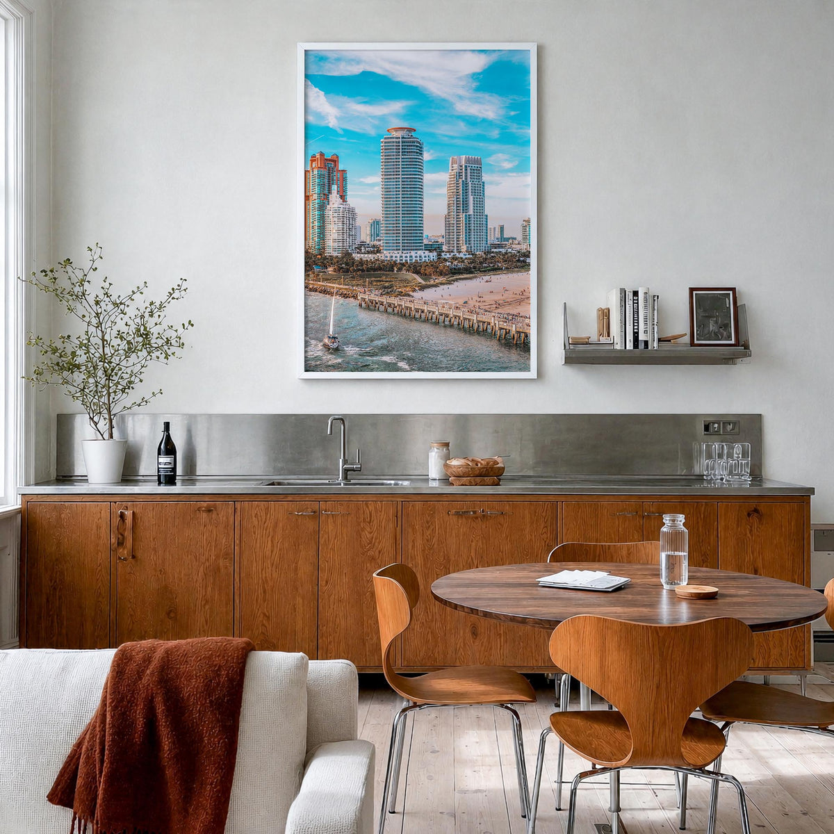 Miami Beach colorful photo poster of Florida, USA – vertical wall art in white wood frame, hanging on wall
