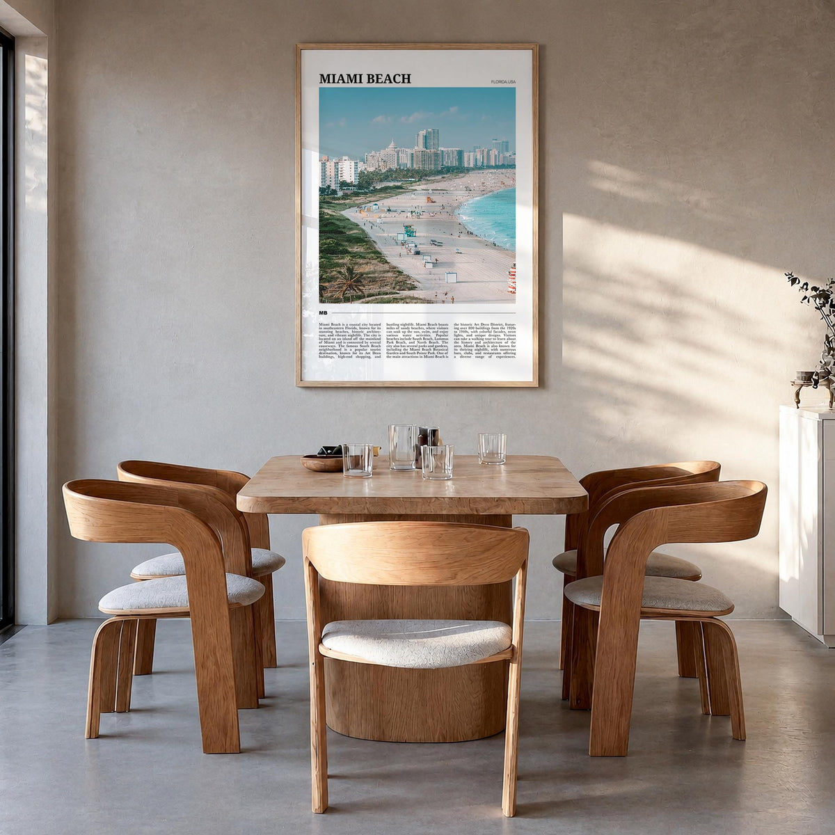 Miami Beach colorful travel poster of Florida, USA – vertical wall art in natural wood frame, hanging on wall
