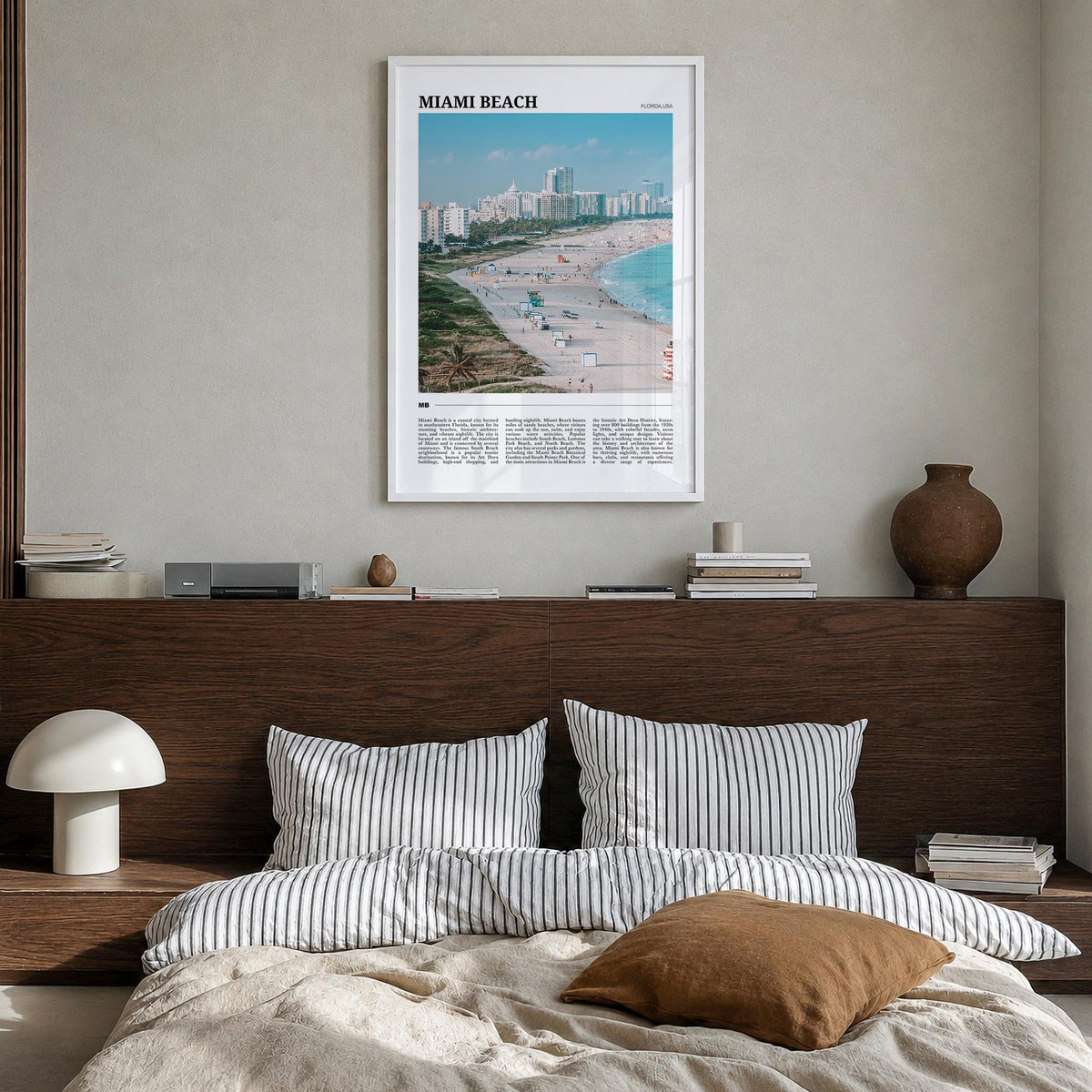Miami Beach colorful travel poster of Florida, USA – vertical wall art in white wood frame, hanging on wall