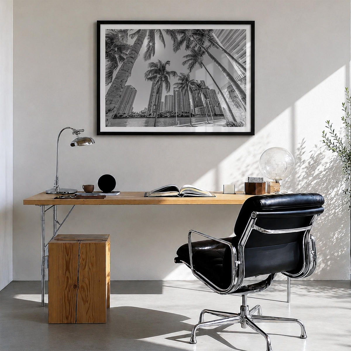 Miami black & white photo poster of Florida, USA – horizontal wall art in black wood frame with white border, hanging on wall