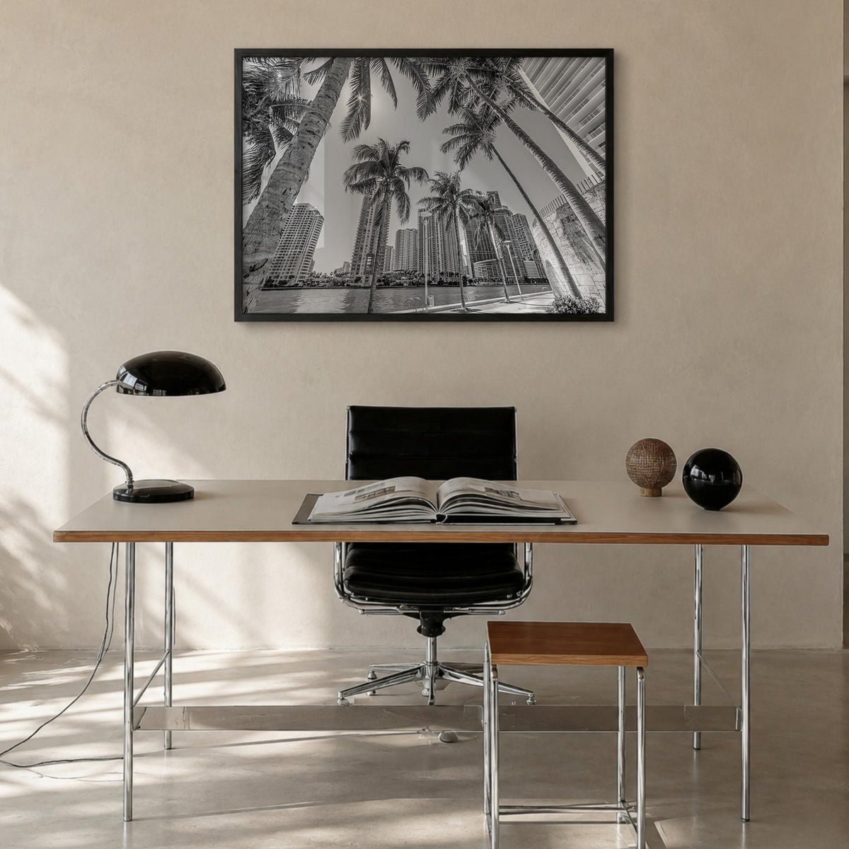 Miami black & white photo poster of Florida, USA – horizontal wall art in black wood frame, hanging on wall
