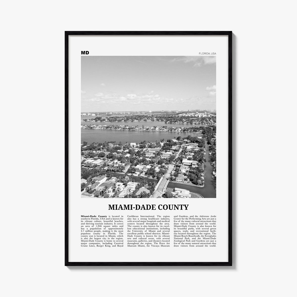 Miami-Dade County black & white newspaper poster of Florida, USA – vertical wall art, unframed print shown in interior mockup
