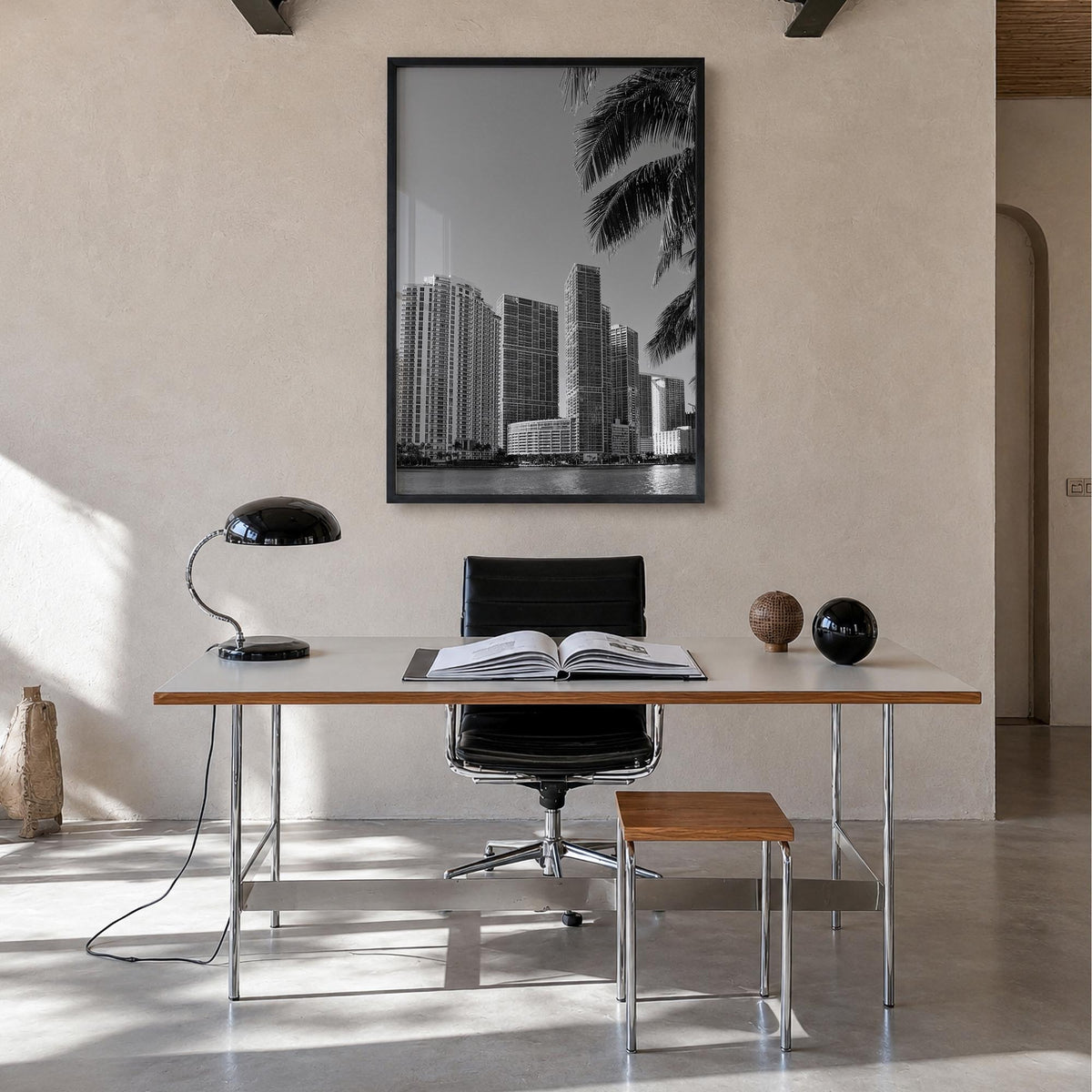 Miami no. 1 black & white photo poster of Florida, USA – vertical wall art in black wood frame, hanging on wall