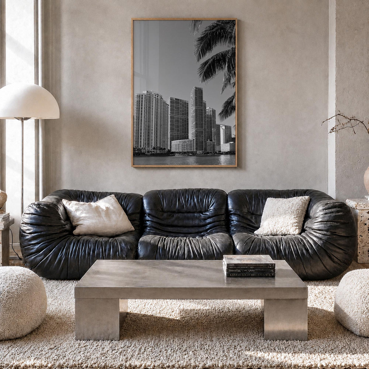 Miami no. 1 black & white photo poster of Florida, USA – vertical wall art in natural wood frame, hanging on wall