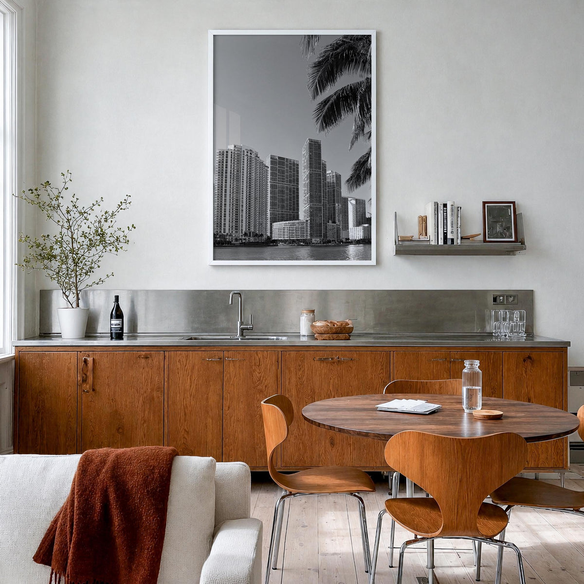 Miami no. 1 black & white photo poster of Florida, USA – vertical wall art in white wood frame, hanging on wall