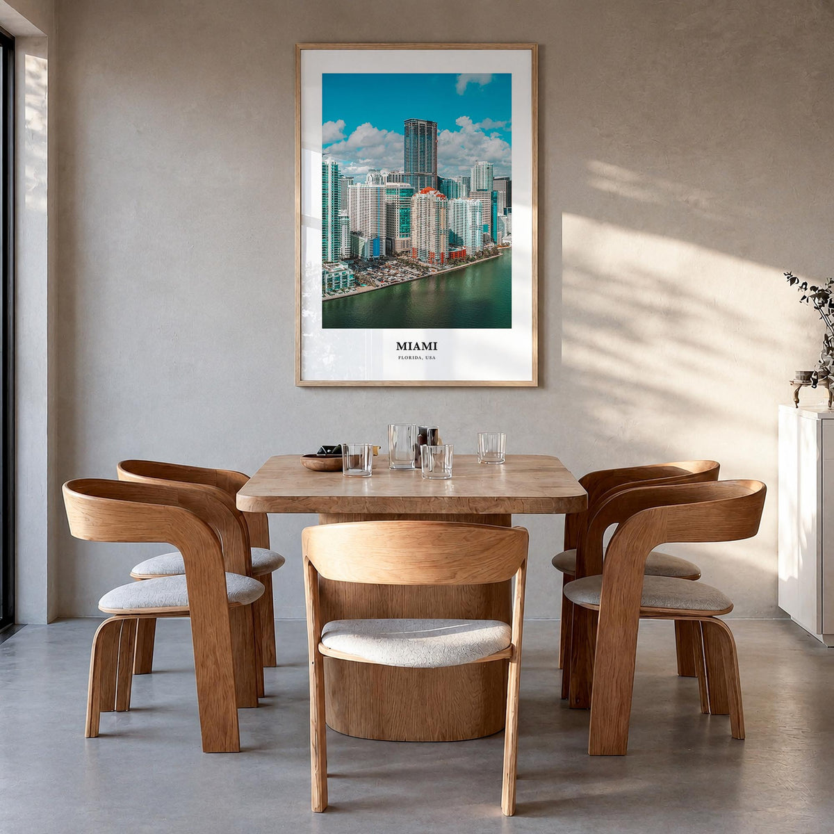 Miami no. 1 colorful classic poster of Florida, USA – vertical wall art in natural wood frame, hanging on wall