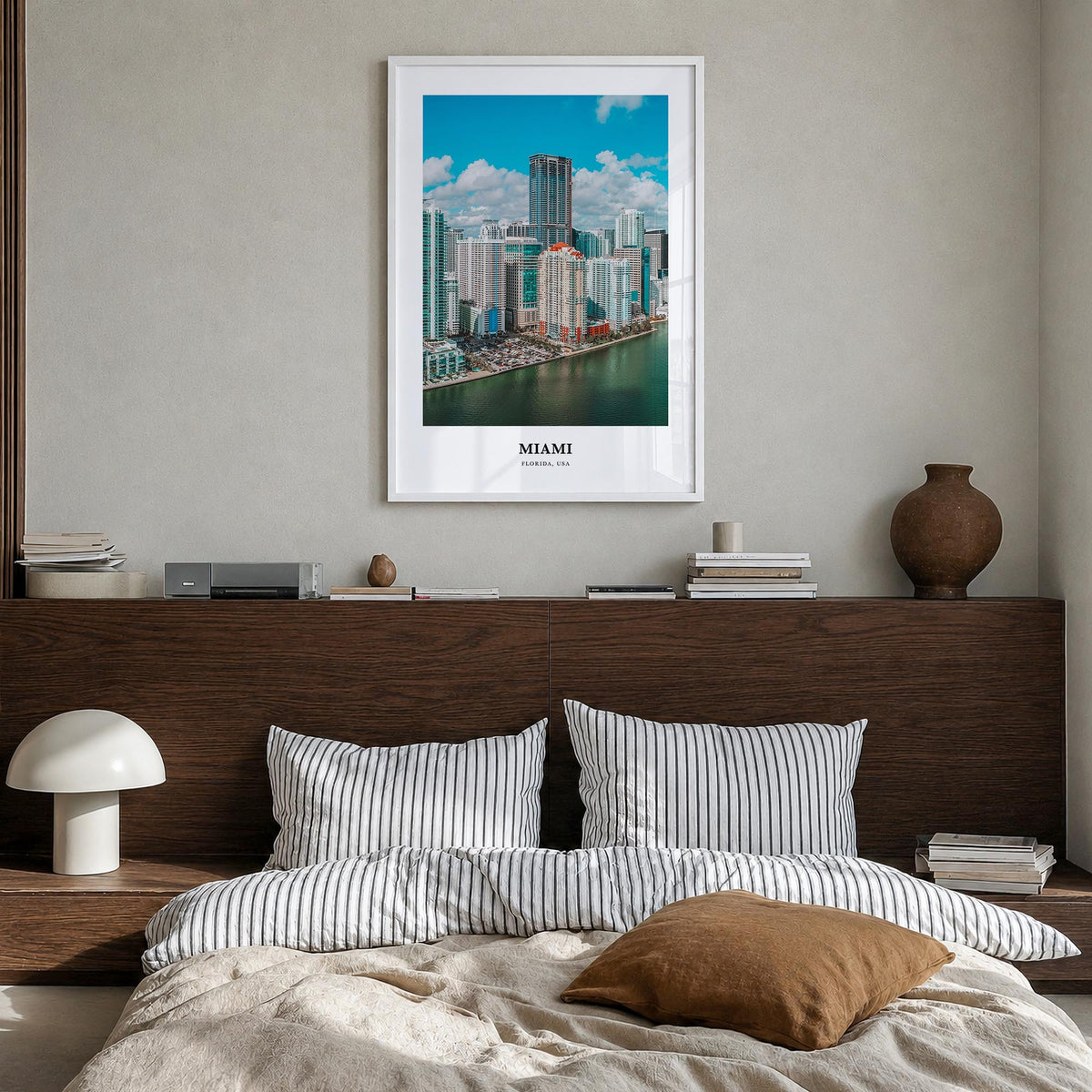 Miami no. 1 colorful classic poster of Florida, USA – vertical wall art in white wood frame, hanging on wall