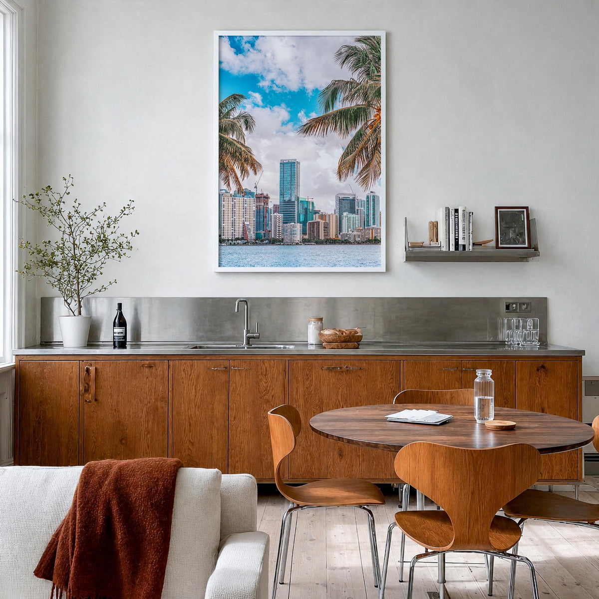 Miami no. 1 colorful photo poster of Florida, USA – vertical wall art in white wood frame, hanging on wall